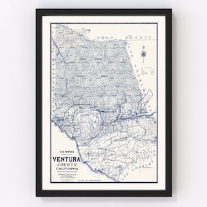 Ventura County CA Map 1913 - Old Map of  California Art Vintage Print Framed Canvas Portrait History Genealogy Farmhouse Décor