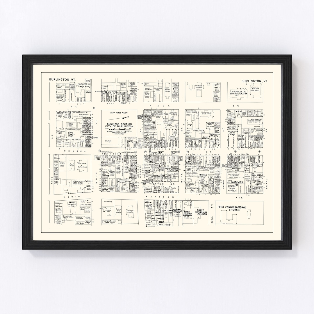 Burlington Map 1946 Old Map of Burlington Business Section Vermont Art