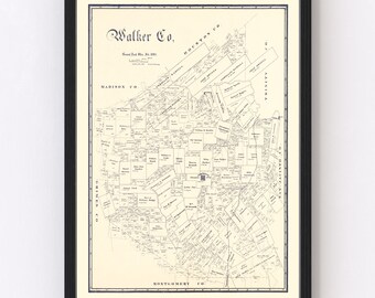 Walker County Map 1889, Vintage Walker County Map, Old Walker County Texas Art, Wall Art Gift for Walker County History Lovers Retro Decor