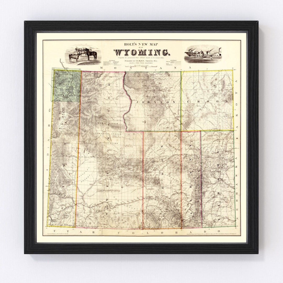 Carte Ancienne Du Wyoming 1935 - Reproduction D'art Vintage Sur Toile - Prête à Accrocher - Ted's Vintage Art