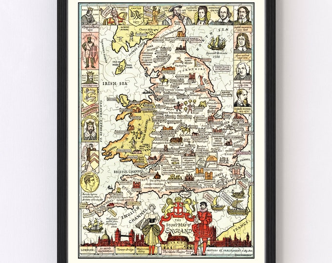 England Map 1936 - Old Map of England Art Print Framed Wall Art Vintage Canvas Portrait History Ancestry Genealogy Travel
