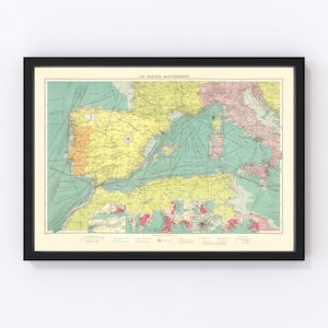 Western Mediterranean Sea Map 1922, Vintage Western Mediterranean Sea Map, Old Western Mediterranean Sea Art, Wall Art Gift for Western Medi