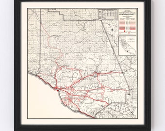 Ventura County CA Map 1935 - Old Map of  California Art Vintage Print Framed Canvas Portrait History Genealogy Farmhouse Décor