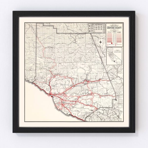 Ventura County CA Map 1935 - Old Map of  California Art Vintage Print Framed Canvas Portrait History Genealogy Farmhouse Décor