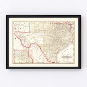 Texas Map 1882, Vintage Texas Map, Old Texas Art, Wall Art Gift for Texas History Lovers Retro Decor