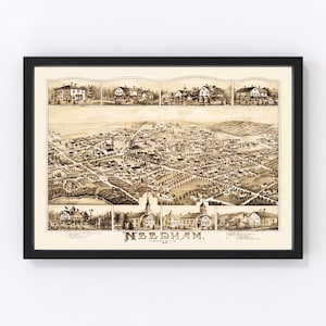 Needham Map 1887 - Old Map of Needham Massachusetts Art Vintage Print Framed Canvas Birds Eye View Portrait History Genealogy Farmhouse