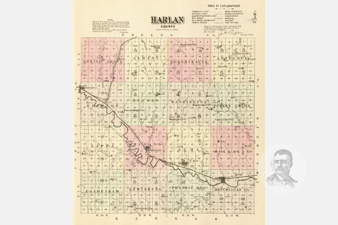 Vintage Harlan County NE Map 1885 Old Nebraska Map Etsy