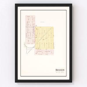 May include: A vintage map of Nessen, a town in the United States. The map shows the layout of streets and blocks, with labels for each street and avenue. The map is printed in black, red, and yellow ink on a white background.