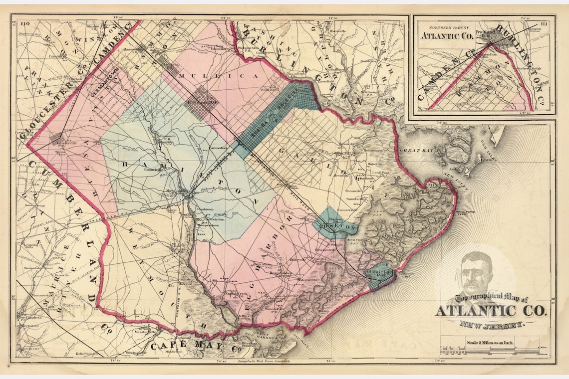Vintage Atlantic County NJ Map 1872 Old New Jersey Map Etsy