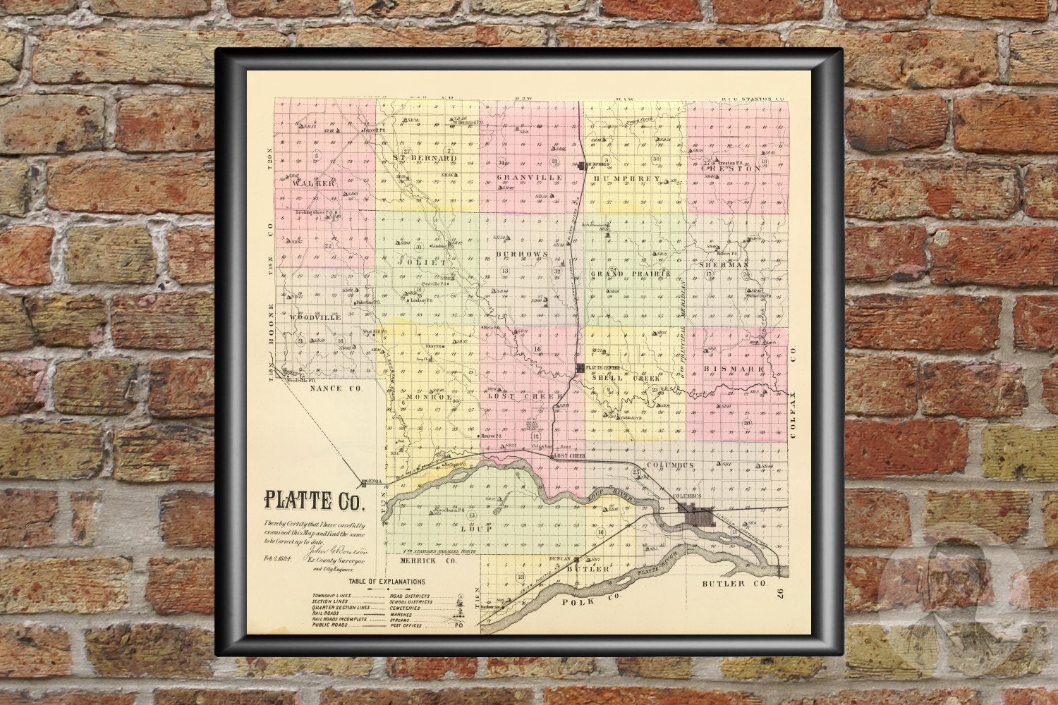 Vintage Platte County NE Map 1885 Old Nebraska Map Etsy
