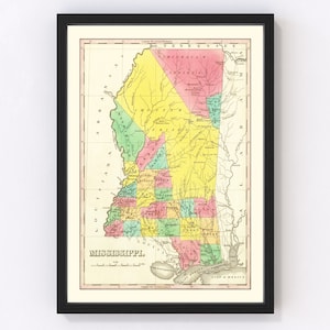 Mississippi Map 1831, Vintage Mississippi Map, Old Mississippi Art, Wall Art Gift for Mississippi History Lovers Retro Decor