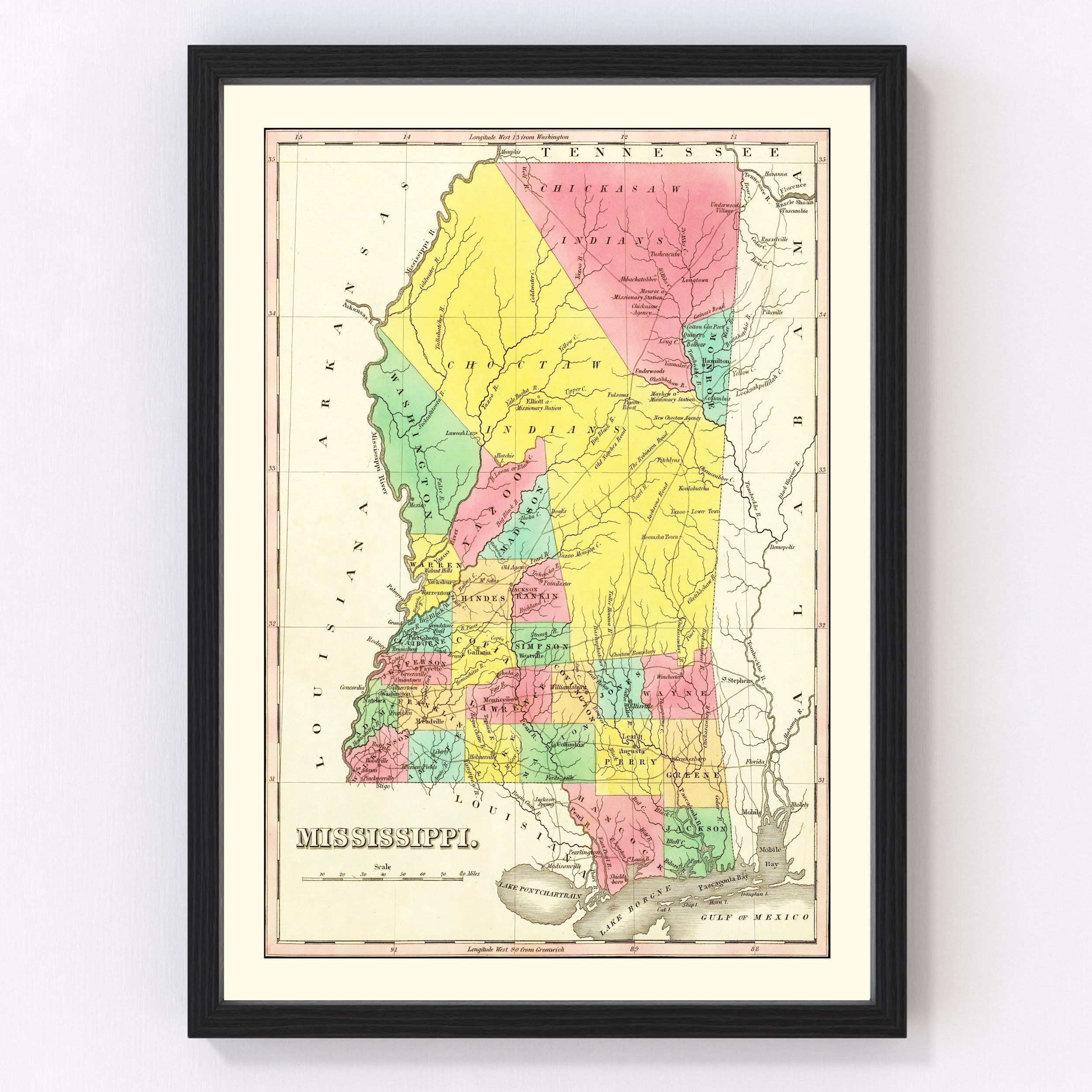 Carte du Mississippi 1831, carte vintage du Mississippi, art du Mississippi ancien, art mural cadeau pour les amateurs d'histoire du Mississippi, décoration rétro