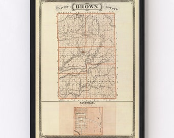 Brown County IN Map 1876 - Old Map of Nashville Indiana Art Vintage Print Framed Canvas Bird&#39;s Eye View Portrait History Genealogy