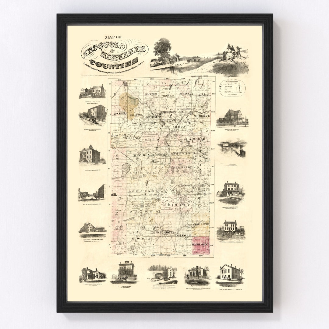 Iroquois County Illinois Map 1860 Old Map of Iroquois County Illinois Art Vintage Print Framed ...