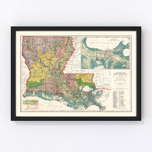 Louisiana Map 1908 - Old Map of Louisiana Art Vintage Print Framed Wall ...