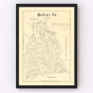 Sabine County Map 1879, Vintage Sabine County Map, Old Sabine County Texas Art, Wall Art Gift for Sabine County History Lovers Retro Decor