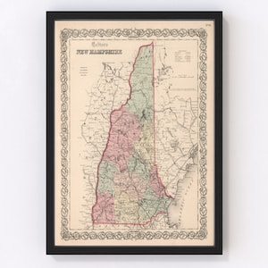 New Hampshire Map 1861, Vintage New Hampshire Map, Old New Hampshire Art, Wall Art Gift for New Hampshire History Lovers Retro Decor