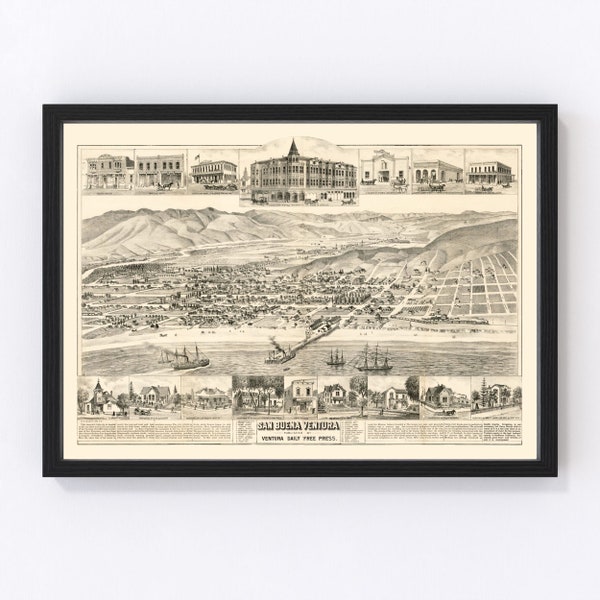 San Buena Ventura Map 1884 - Old Map of San Buena Ventura California Art Vintage Print Framed Canvas Birds Eye View Portrait History