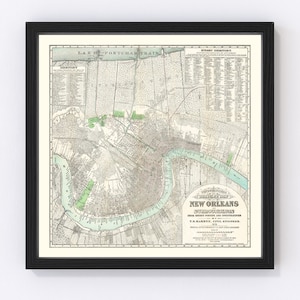 New Orleans Map 1878 - Old Map of New Orleans Louisiana Art Vintage Print Framed Canvas Portrait History Genealogy Farmhouse Décor