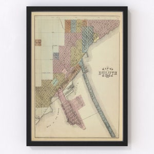Duluth Map 1874, Vintage Duluth Map, Old Duluth Minnesota Art, Wall Art Gift for Duluth History Lovers Retro Decor