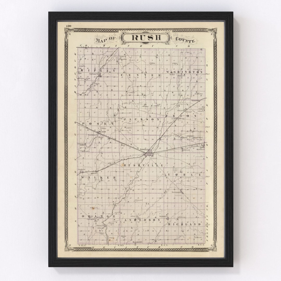 Rush County IN Map 1876 Old Map of Rushville Indiana Art Vintage Print