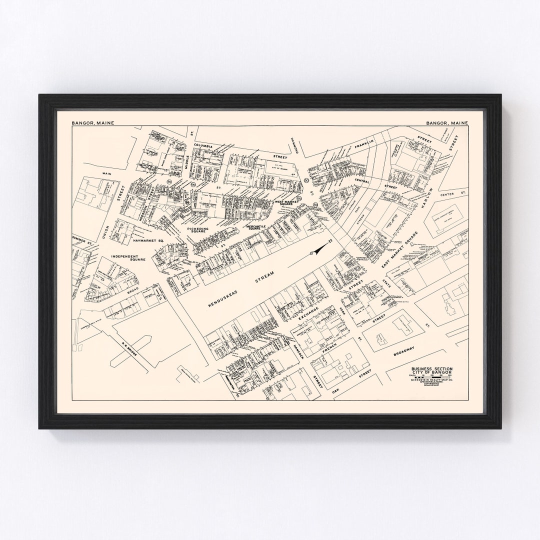 Bangor Map 1946 Old Map of Bangor Business Section Maine Art Vintage
