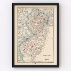 New Jersey Map 1893 - Old Map of New Jersey Art Vintage Print Framed Wall Art Canvas Portrait NJ History Genealogy Farmhouse Décor