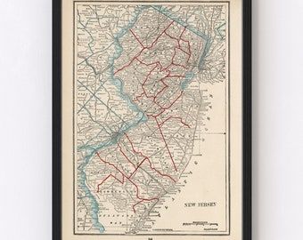 New Jersey Map 1893 - Old Map of New Jersey Art Vintage Print Framed Wall Art Canvas Portrait NJ History Genealogy Farmhouse Décor