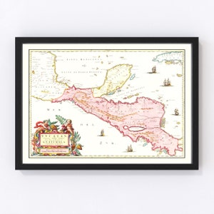 Mapa de Guatemala 1665, mapa antiguo de Guatemala, arte antiguo de Guatemala, regalo de arte mural para amantes de la historia de Guatemala, decoración retro