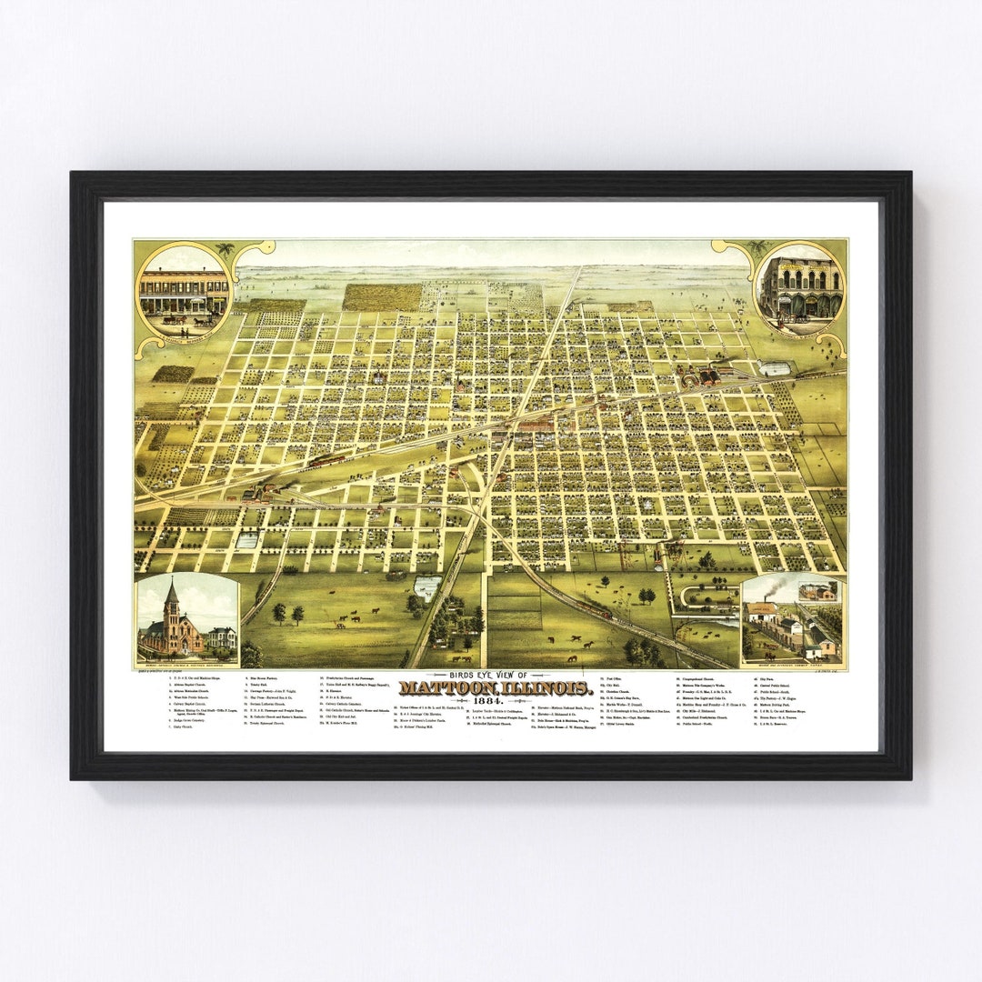 Mattoon Map 1884 Old Map of Mattoon Illinois Art Vintage Print Framed