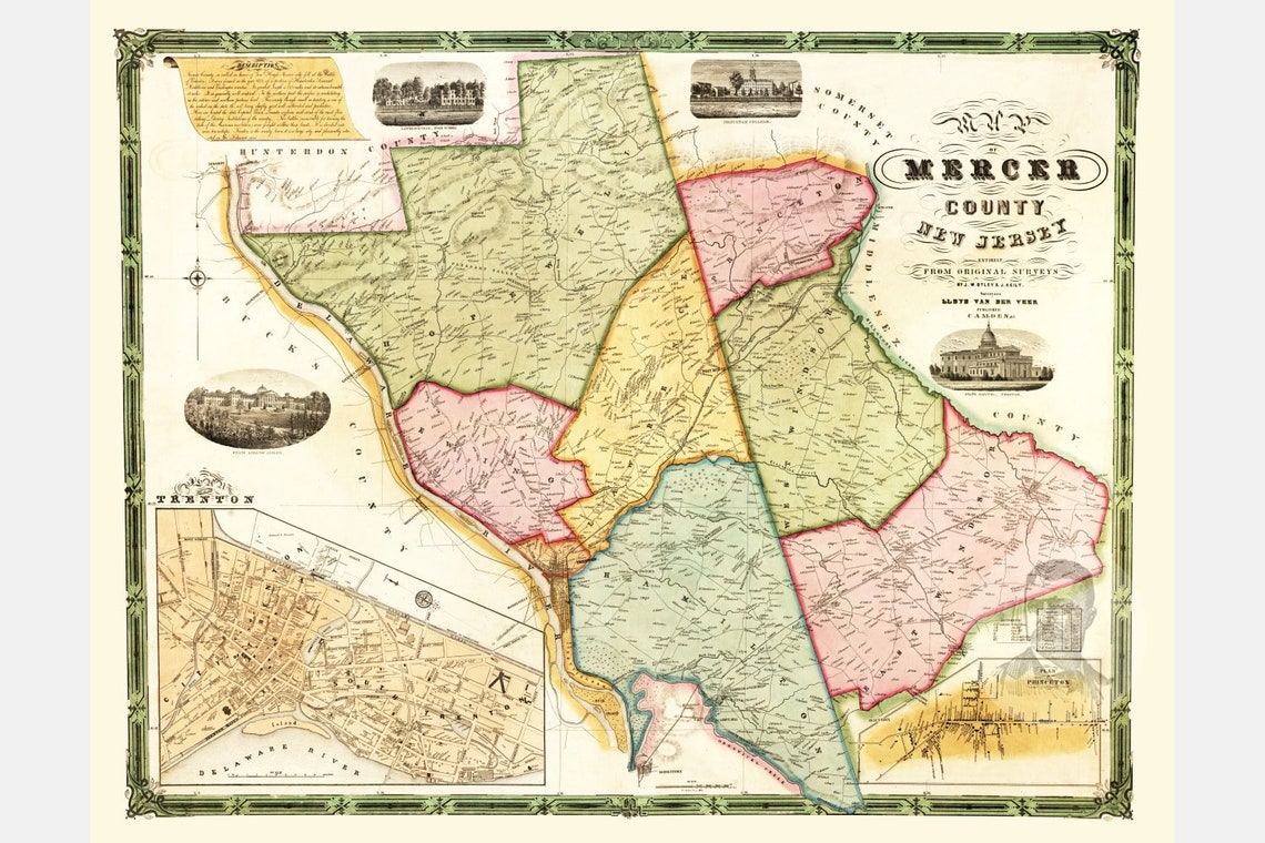 Vintage Mercer County Map 1849 Mercer County NJ Land Etsy