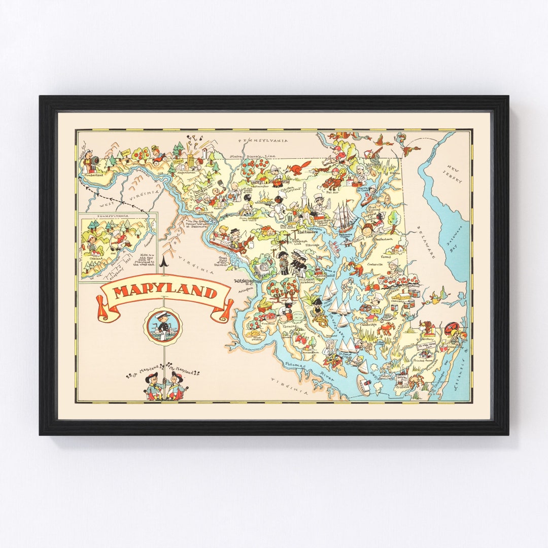 Maryland Map 1935 Old Map of Maryland Art Vintage Print Framed Wall Art