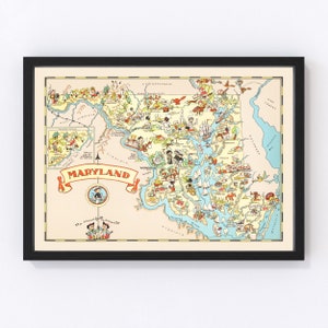 Maryland Map 1935 - Old Map of Maryland Art Vintage Print Framed Wall Art Canvas Portrait MD History Genealogy Farmhouse Décor