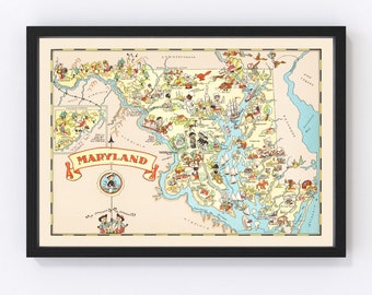 Maryland Map 1935 - Old Map of Maryland Art Vintage Print Framed Wall Art Canvas Portrait MD History Genealogy Farmhouse Décor