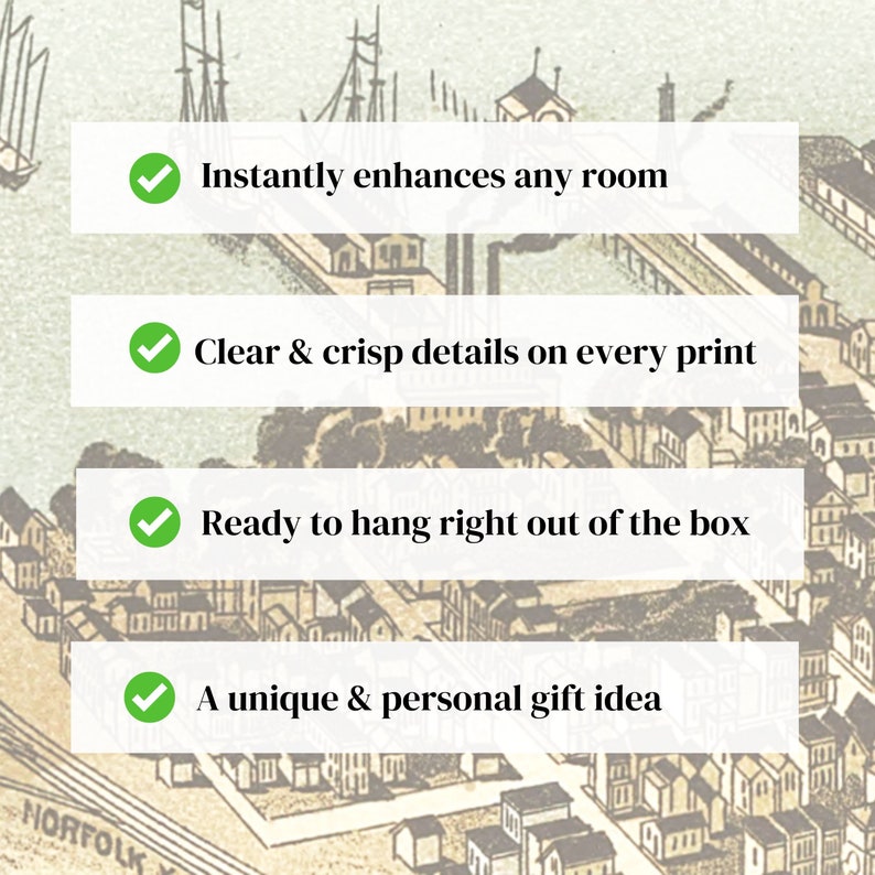 May include: Four green check marks with white text on white rectangles against a background of a vintage map of a city. The text reads: Instantly enhances any room, Clear & crisp details on every print, Ready to hang right out of the box, A unique & personal gift idea.