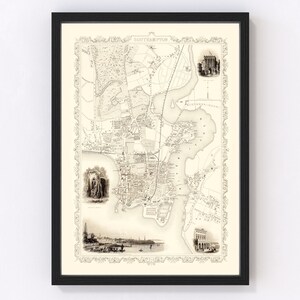 Southampton Map 1851, Vintage Southampton Map, Old Southampton Art, Wall Art Gift for Southampton History Lovers Retro Decor