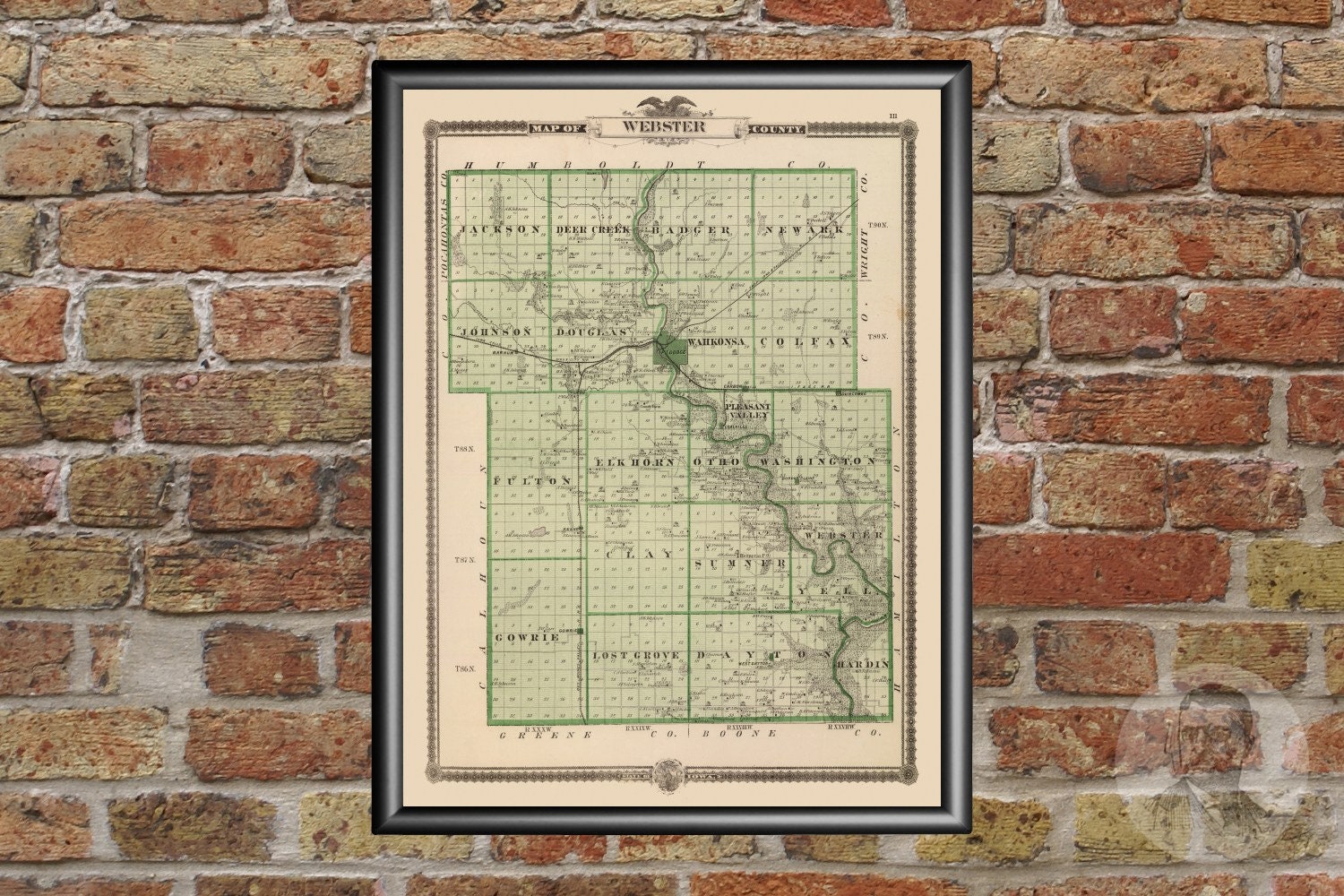 Vintage Webster County IA Map 1875 Old Iowa Map Historical Etsy