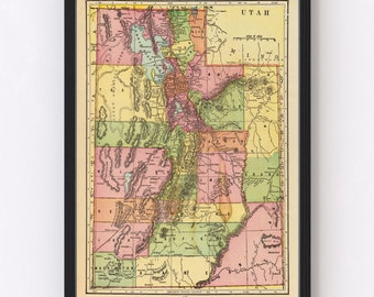 Utah Map 1909 - Old Map of Utah Art Vintage Print Framed Wall Art Canvas Portrait UT History Genealogy Farmhouse Décor
