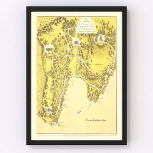 May include: A vintage map of the Vierwaldstätter See (Lake Lucerne) in Switzerland, printed in yellow and black. The map shows the surrounding landscape, including forests, mountains, and towns. The title of the map is "Plan der Vierwaldstätter See" and the date is 1858.
