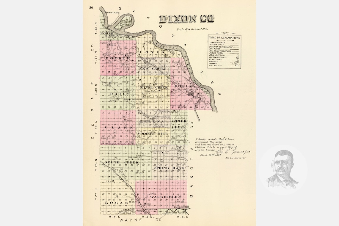 Vintage Dixon County NE Map 1885 Old Nebraska Map Etsy