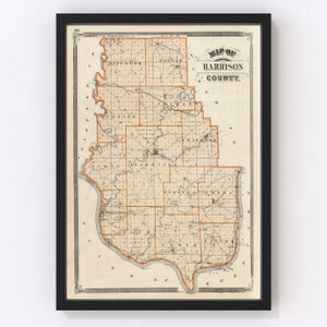 May include: Antique map of Harrison County, Indiana, showing township boundaries and roads. The map is printed on aged paper with a cream background and brown and orange lines. The title "Map of Harrison County" is printed in black at the top of the map.