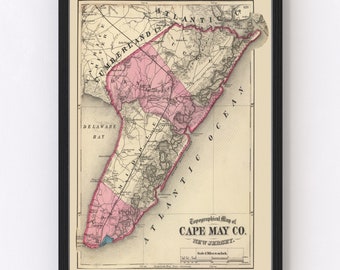 Cape May County, New Jersey Vintage Map from 1872 - Old County Map Art Print of Cape May County, NJ - Framed or Canvas