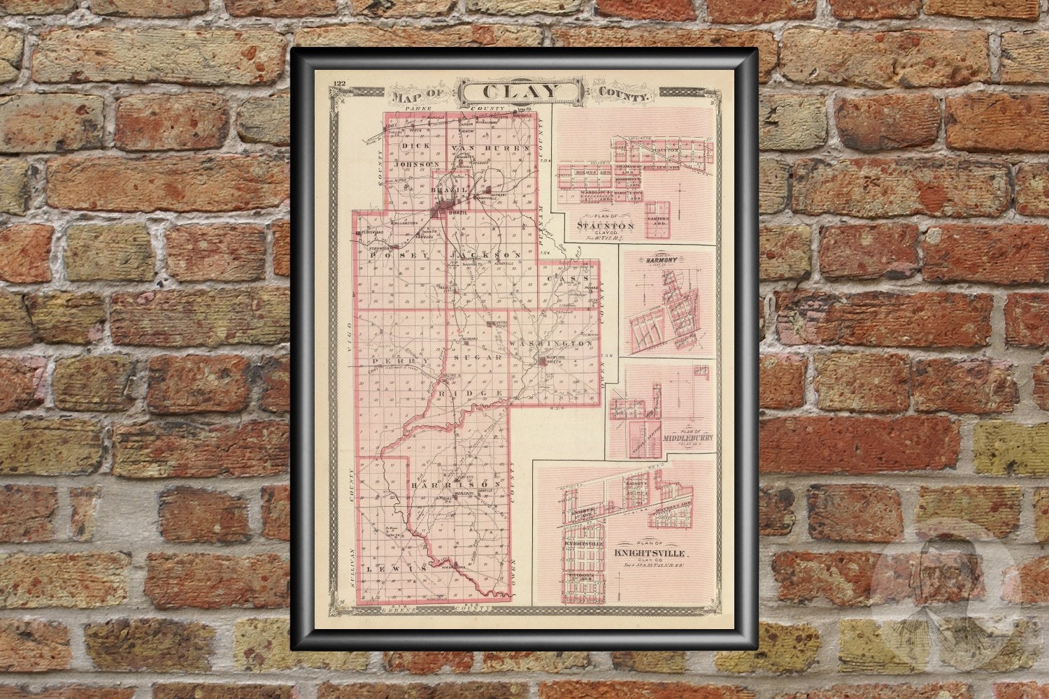 Vintage Clay County IN Map 1876 Old Indiana Map Historical Etsy