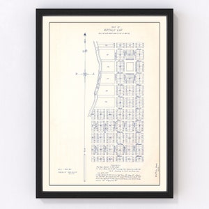 May include: A vintage map of Buffalo Gap, Texas, printed in blue ink on a cream-colored background. The map shows the layout of the town with numbered blocks and streets. The map includes a compass rose and a scale bar.