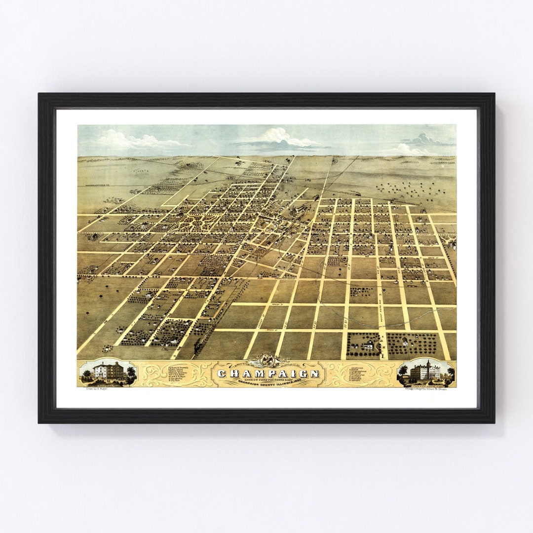 Champaign Map 1869 Old Map of Champaign Illinois Art Vintage Print Framed Canvas Bird's Eye View ...