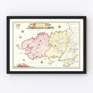Bretagne (Brittany) Map 1665, Vintage Bretagne (Brittany) Map, Old Bretagne (Brittany) Art, Wall Art Gift for Bretagne (Brittany) History Lo