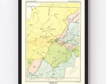 Tennessee Cherokee Treaty Cessions Map 1897, Vintage Tennessee Cherokee Treaty Cessions Map, Old Tennessee Cherokee Treaty Cessions Art, Wal