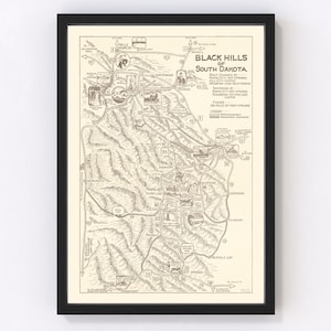 May include: A vintage map of the Black Hills of South Dakota, showing the location of various towns, cities, and points of interest. The map is in a sepia tone and features a detailed illustration of the area's geography.