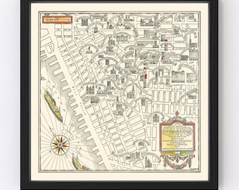 May include: A vintage map of Greenwich Village, New York City, with a detailed illustration of the streets and buildings. The map is framed in black and has a compass rose in the lower left corner. The text on the map reads "A Map of Greenwich Village Showing some of its Historic, Artistic, Literary, Educational, and Religious Points of Interest. Published by The Village Copyright 1922."