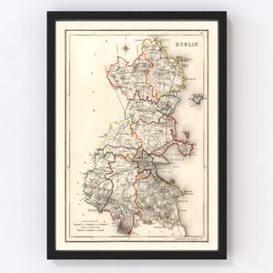 Dublin County Ireland Map 1846, Vintage Dublin County Ireland Map, Old Dublin County Ireland Art, Wall Art Gift for Dublin County Ireland Hi